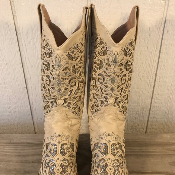 Crysigne Rhinestones and Glitter Womens Cream Western Boots US 8 - Picture 9 of 12